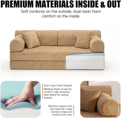 78.8" Memory Foam Boneless Couch, Corduroy Floor Sofa Bed, Convertible Sleeper Futon Loveseat, Wide Armrests & Back Support, Supports Up to 1200 lbs, Couch in a Box with 2 Pillows, Ochre