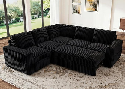 HONBAY Modular Sectional Sleeper Sofa with Pull Out Bed,Corduroy L Shaped Couch with Storage, Sectional Couches for Living Room,Black