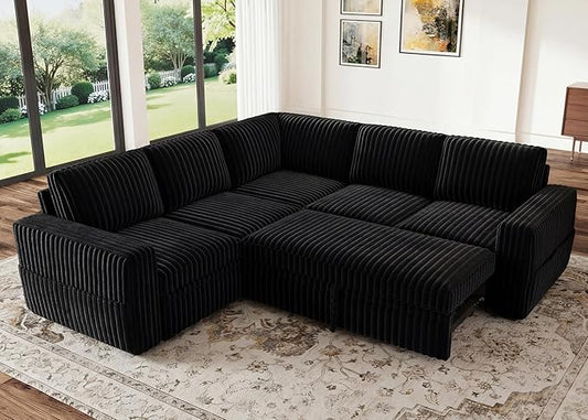 HONBAY Modular Sectional Sleeper Sofa with Pull Out Bed,Corduroy L Shaped Couch with Storage, Sectional Couches for Living Room,Black