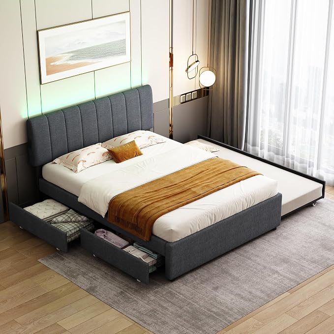 Queen Size Upholstered Platform Bed w/Trundle Bed & 2Storage Drawers | Twin Size Trundle,Two Drawers,LED Lighting Controlled by APP, USB+Type-C Charging Ports,Linen Upholstered Bed Frame,Dark Grey
