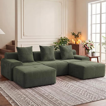 118" Sectional Boneless Oversize Modular Couches, Curved Cloud Sectional Sofa for Living Room, Corduroy U Shape Deep Seat Sofa with 2 Ottomans & 3 Throw Pillows, No Assembly Required,Green