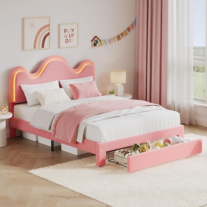 IDEALHOUSE Full Bed Frame with LED Headboard and Under-Bed Drawer, Metal Upholstered Platform Bed with LED Light for Kids, Girls, Lamb Fleece Fabric, Wooden Slats Support, No Box Spring Needed, Pink