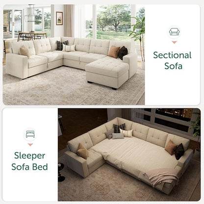 HONBAY Modular Sectional Sleeper Sofa with Pull Out Bed, U Shaped Sleeper Couches with Storage Chaise, 114'' Sleeper Sectional Sofas for Living Room, Apartment (Beige)