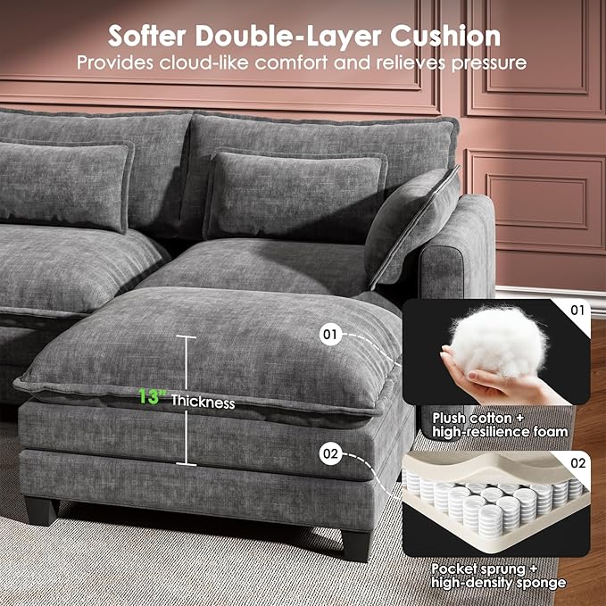Marsail Modular Sectional Sofa 110.6" U-Shaped Modern Comfy Cloud Couch, 5-Seat Chenille Deep Seat Sofa with Throw Pillow & Movable Ottoman for Living Room, Bedroom and Apartment, Slate Gray