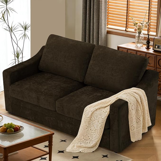 67” Chenille Loveseat Sofa w/Comfortable Back Cushions, Brown | Modern 2-Seat Couch w/Deep Seat Space, Upholstered 2 Seaters Sofa w/High Resiliency Foam for Living Room