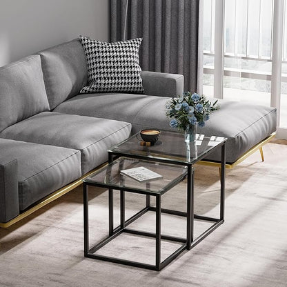 Garden 4 you Coffee Table Set of 2, Modern Glass Nesting Table, Metal Frame Square Center Table Set, Side Tables, Nesting Coffee Table for Living Room, Bedroom and Small Spaces, 19.7in Black