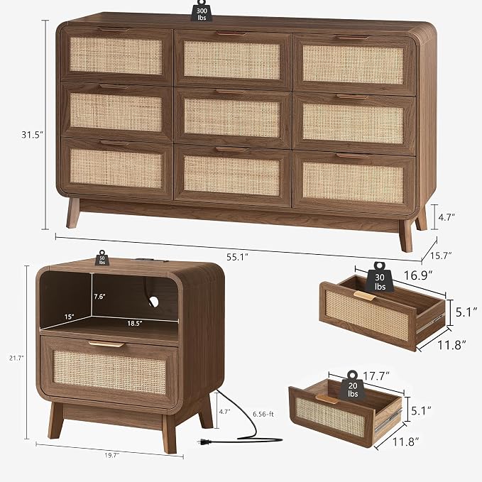 FORTUNETEC 55" Rattan 9 Drawer Dresser, Modern Farmhouse & Boho Wooden Chest of Drawers with Walnut Wood Grain, Multifunctional Storage Bedroom Set for Bedroom, Living Room, TV Stand