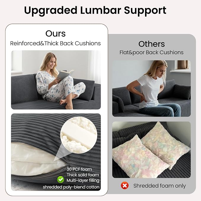 106" Cloud Sectional Boneless Couches for Living Room, Modular L Shaped Couch with Deep Seat Oversized Left Facing Chaise, Memory Foam Compressed Spineless 3 Seater Sofa for Bedroom Apartment, Grey