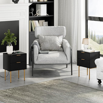 Masupu Nightstand with Charging Station,Mid-Century Modern Bedside Table with 2 Storage Drawer,Small Gold Frame Side End Table for Bedroom,Living Room (Black)