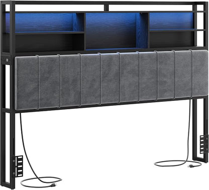 Hzuaneri Headboard with 3-Tier Storage Shelves, Velvet Upholstered Head Board with 2 Outlets, USB Ports & LED Light, Soft Backrest for King Size Bed, Black BH19404B