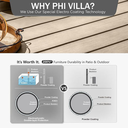 PHI VILLA 9 Pieces Outdoor Dining Set for 8, 57.5" Brown Square Metal Table with Umbrella Hole & Stackable Black Wrought Iron Chairs, Large Outside Furniture Set for Patio, Deck, Yard, Porch