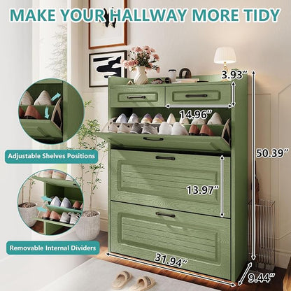 Shoe Cabinet with 3 Large Flip Drawers and 2 Storage Drawers, Narrow Shoe Organizer Cabinet Fits for Kinds of Shoes, Hidden Shoe Storage Cabinet for Entryway, Hallway, Green