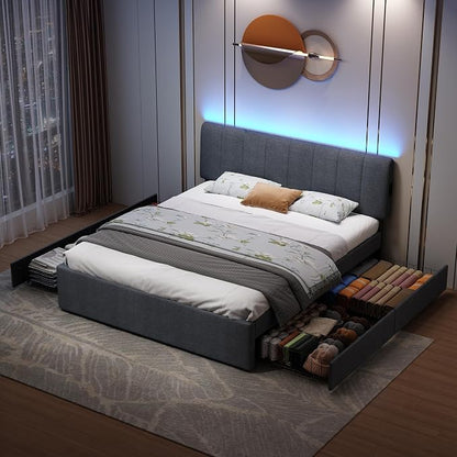 King Size Upholstered Platform Bed with 4 Storage Drawers | 4 Storage Drawers, USB/Type-C Charging,APP-Controlled LED Lights,No Box Spring Needed,Dark Grey Linen Fabric,Easy to Assemble