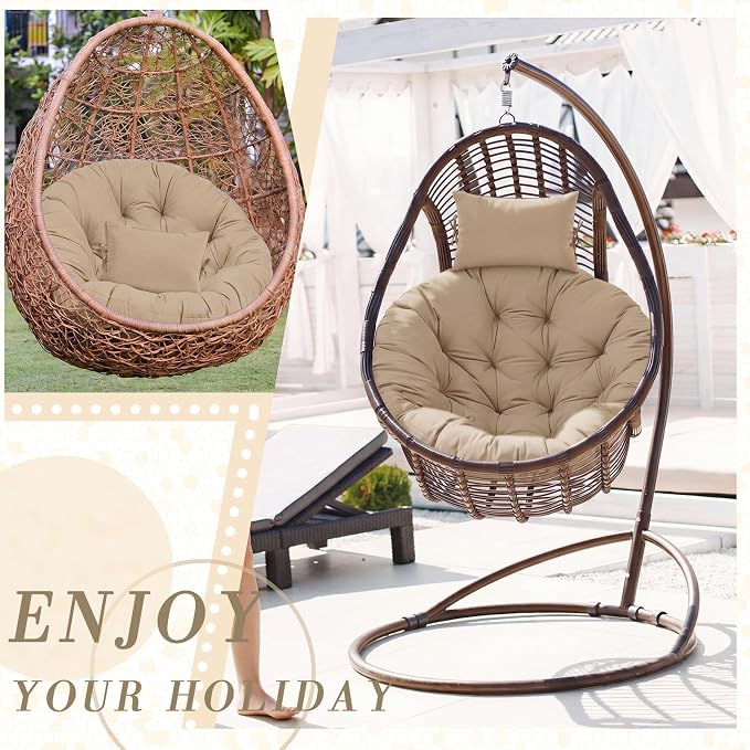Tudomro Beige Egg Chair Cushion Hanging Basket Chair Replacement 45x45 Hammock Basket Swing Waterproof Cushion Hanging Swing Pads with Headrest for Indoor Outdoor Porch Backyard Patio Garden