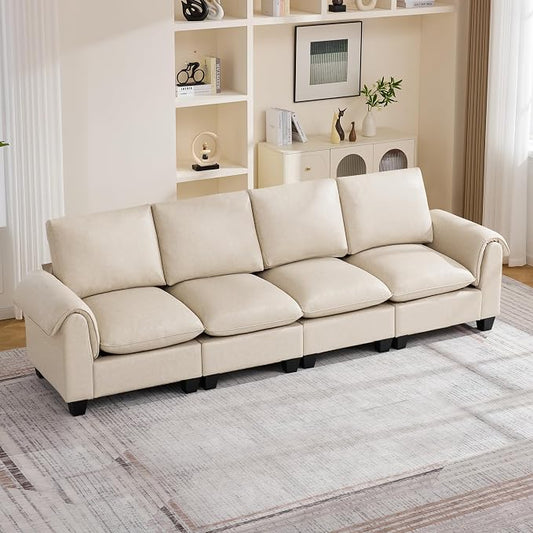 118" Faux Leather Modular Sectional Upholstered Sofa, Oversized 4 Seater Couch with Curved Armrests, Cloud Modern Upholstered Deep Seat Sofa for Living Room, Beige