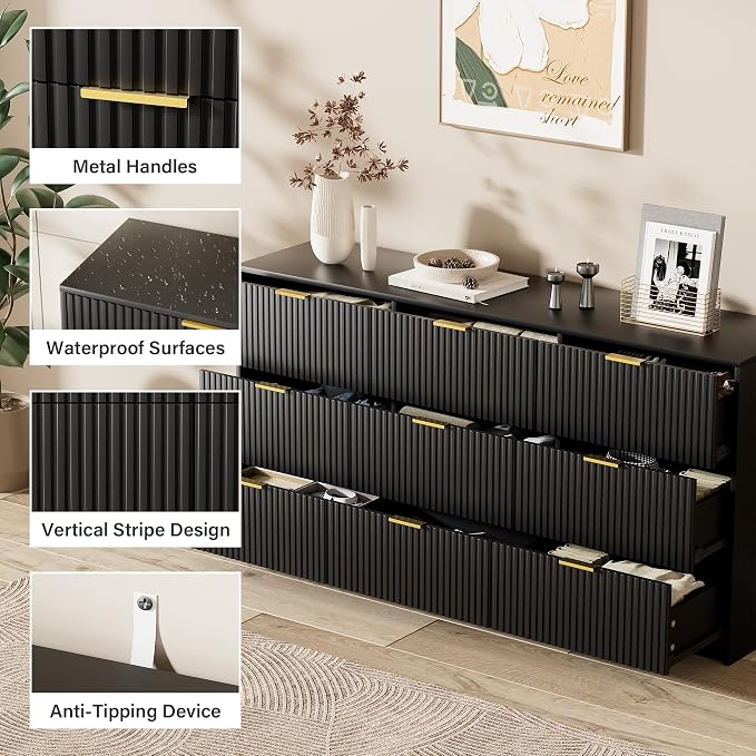 Furniway Black Dresser for Bedroom, Modern Dresser with 9 Drawers and Smooth Slides, Wide Chest of Drawers with Golden Handles for Bedroom, Living Room, Closet, 15.7" D x 63" W x 31.5" H