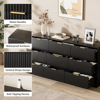 Furniway Black Dresser for Bedroom, Modern Dresser with 9 Drawers and Smooth Slides, Wide Chest of Drawers with Golden Handles for Bedroom, Living Room, Closet, 15.7" D x 63" W x 31.5" H