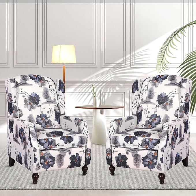 Wingback Recliner Chair with Massage and Heat, Tufted PU Leather Push Back Arm Chair for Living Room Vintage Recliner Chair with Remote Control, Padded Cushion, Backrest (Ink Blue-2)
