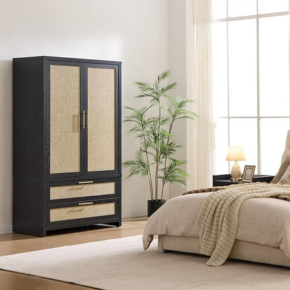 SICOTAS Armoire Wardrobe Closet, Larger Rattan Armoires Wardrobe Cabinet with 2 Large Drawers & Hanging Rod, Tall Closet Storage Cabinet for Cloak Room, Bedroom, Black Oak (3 Pieces)