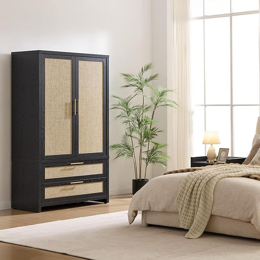 SICOTAS Armoire Wardrobe Closet, Larger Rattan Armoires Wardrobe Cabinet with 2 Large Drawers & Hanging Rod, Tall Closet Storage Cabinet for Cloak Room, Bedroom, Black Oak (3 Pieces)