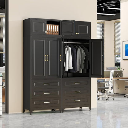 SteeLoong 86" Metal Armoire Wardrobe Closet with 3 Drawers,Tall Clothing Storage Cabinet with Adjustable Shelves and Hanging Rod,Black Wardrobe Closet for Bedroom,Home,Bathroom,Gym