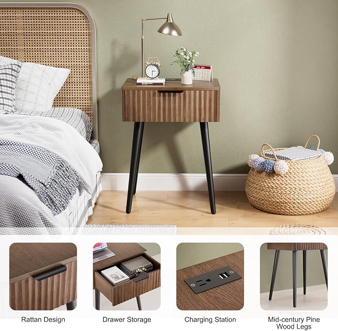 HAIOOU Fluted Mid Century Modern Nightstands Set of 2 with Charging Station, Modern Bedside Tables with Storage Drawer, Solid Wood Legs, End Tables for Bedroom Living Room