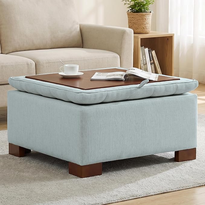 30 Inch Square Storage Ottoman Coffee Table, Modern Tufted Upholstered Ottoman with Flip Tray and Solid Wood Legs, Suitable for Living Rooms, Linen Blue
