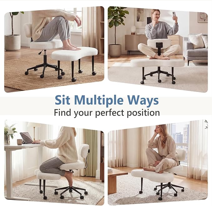 DUMOS Ergonomic ADHD Meditation Office Desk Chair with Adjustable Backrest, Cross Legged Chair Height Adjustable with 360° Swivel Footstool, Yoga Stool for Home Office, Teddy Fabric White