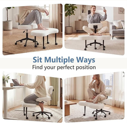 DUMOS Ergonomic ADHD Cross Legged Office Desk Chair with Adjustable Backrest, Height Adjustable Meditation Chair with 360° Swivel Footstool, Teddy Fleece Yoga Stool for Home Office, White