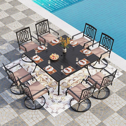 PHI VILLA 9 Pieces Outdoor Dining Set for 8, 57.5" Black Square Wrought Iron Table with Umbrella Hole & Swivel Metal Chairs with Cushions, Large Outside Furniture Set for Patio, Deck, Yard, Porch
