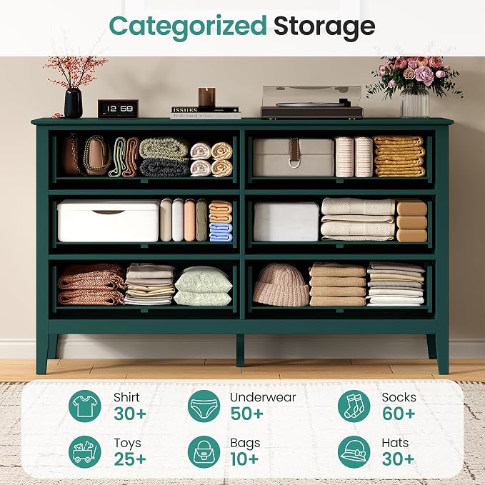 RoyalCraft 6 Drawer Dresser, Fluted Modern Wood Chest of Drawers, Long Dresser for Bedroom TV Stand Storage Cabinet for Living Room, Green