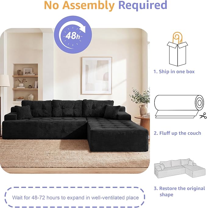 Hobestluk Modular Sectional Sofa Couches L-Shape Couch 3 Seat Modular Sofa Memory Foam Sectional Couches for Living Room, Cloud Couch (Ebony Corduroy, 108", Right Hand Facing)