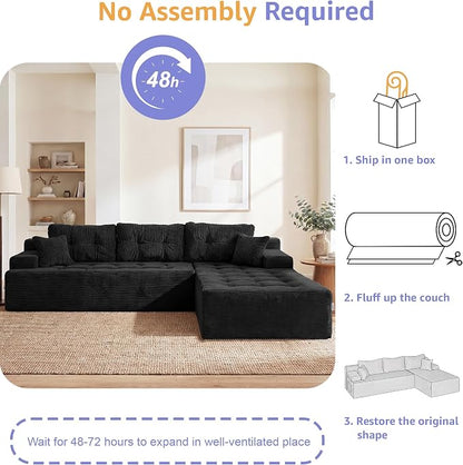 Hobestluk Modular Sectional Sofa Couches L-Shape Couch 3 Seat Modular Sofa Memory Foam Sectional Couches for Living Room, Cloud Couch (Ebony Corduroy, 108", Right Hand Facing)