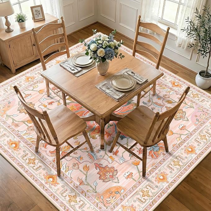 RELEANY Area Rugs Round 7ft Washable Non-Slip, Floral Vintage Distress Medallion Carpet for Living Room Bedroom Dining Room, Light Pink Colorful