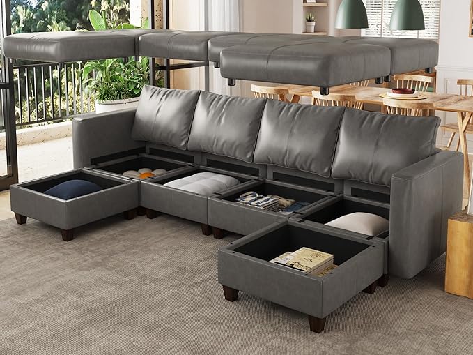EASE MOOSE Modular Sectional Sofa with Storage, Faux Leather Sectional, Leather Couches for Living Room,Grey