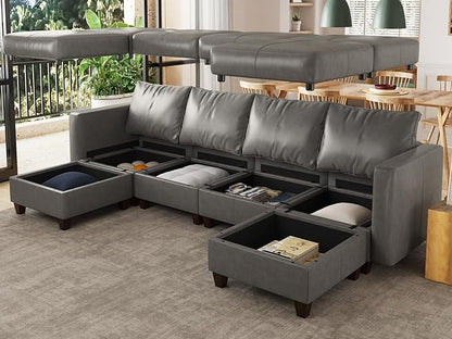 EASE MOOSE Modular Sectional Sofa with Storage, Faux Leather Sectional, Leather Couches for Living Room,Grey
