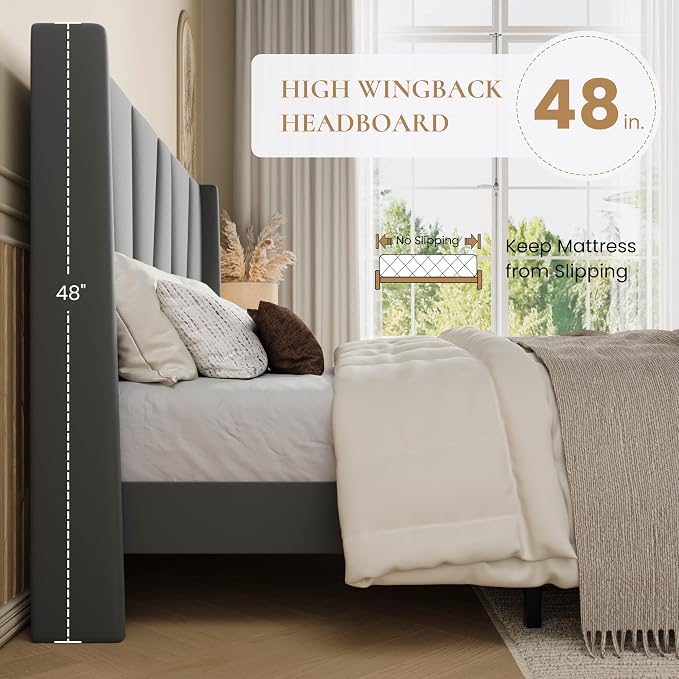 SHA CERLIN Queen Size Bed Frame with Geometric Wingback Headboard, Upholstered Platform Bed with Wooden Slats Support, 8" Under-Bed Space, No Box Spring Needed, Easy Assembly, Light Grey