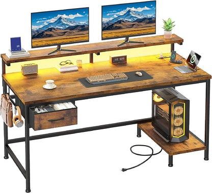 DurayLoly 39.3Inch Office Desk with Power Outlet & Drawer, Gaming Desk with CPU Stand& LED Lights,Computer Desk with Ergonomic Monitor Stand for Small Space,Rustic Brown