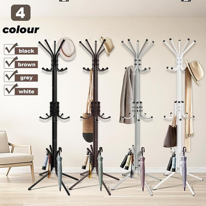 Metal Coat Rack, Freestanding Coat Tree & Hall Tree with 15 Hooks, Sturdy Coat Rack Stand and Hat Rack, Coat Hanger for Entryway, Bedroom, Office for Jackets, Hats, Bags, Grey