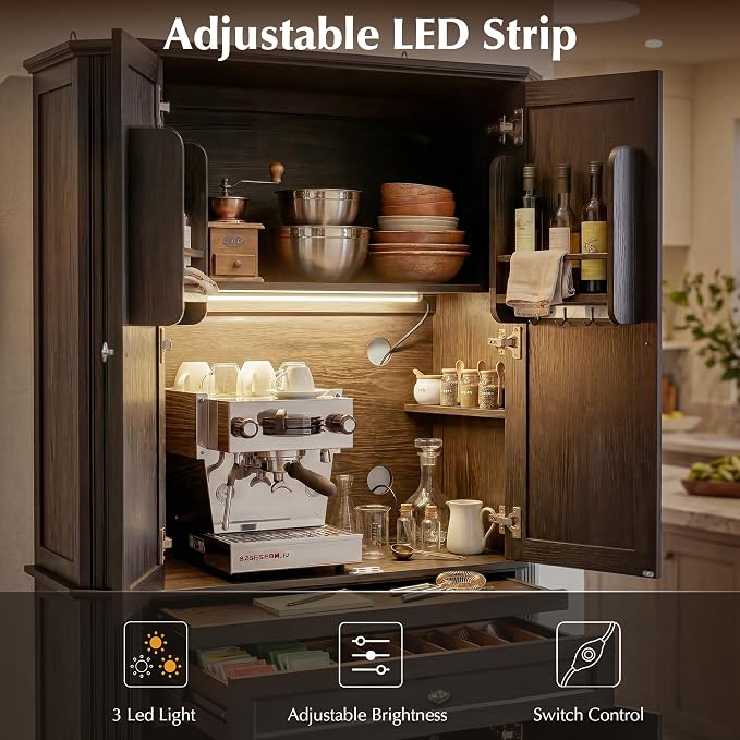 72.2" Tall Kitchen Pantry Cabinet with Doors, Farmhouse Storage Cabinet with Charging Station & LED Light, Drawer, Adjustable Shelves and Pull-Out Shelves, Black Wood Pantry Cupboard for Dining Room