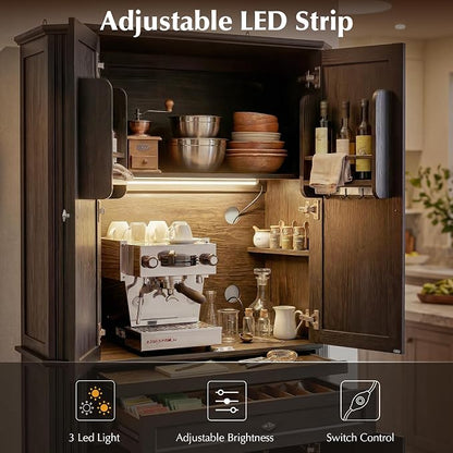 72.2" Tall Kitchen Pantry Cabinet with Doors, Farmhouse Storage Cabinet with Charging Station & LED Light, Drawer, Adjustable Shelves and Pull-Out Shelves, Black Wood Pantry Cupboard for Dining Room