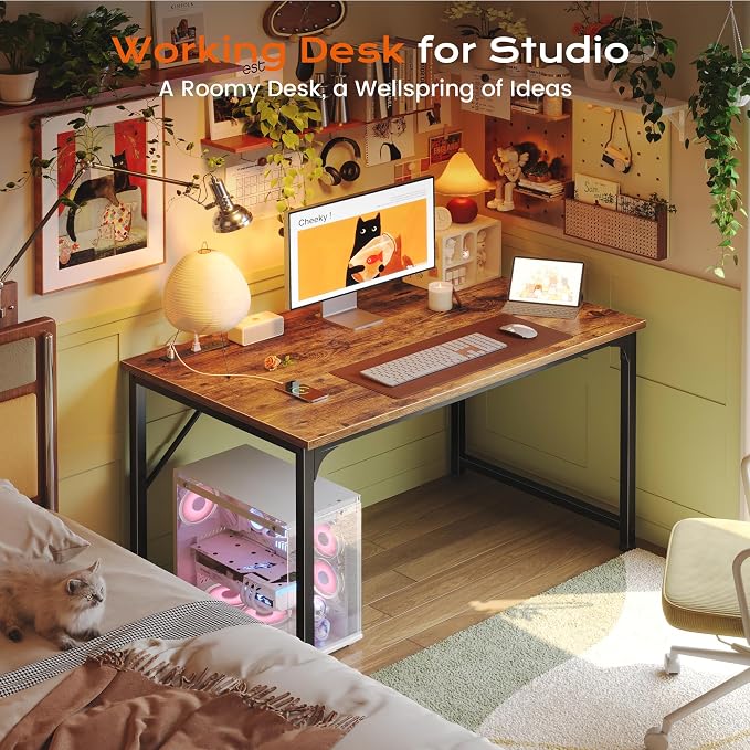 PRAISUN 40 X 24 Inch Deeper Desk with Power Outlets | Small Computer Desk for Bedroom, Office Desk for Work from Home, Writing Study Gaming Table, Stable Metal Frame, Rustic Brown