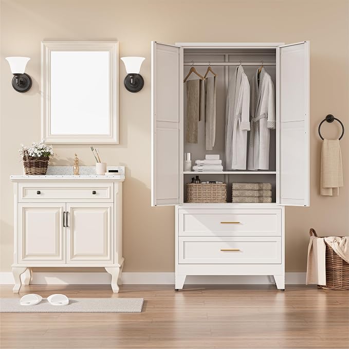 Metal Wardrobe Closet Cabinet with Drawers,71" H Large Bedroom Armoires with Shelves and Hanging Rod,Wardrobe Storage Cabinet with 2 Doors, 1 Adjustable Shelf and Drawers (2Drawer, White)