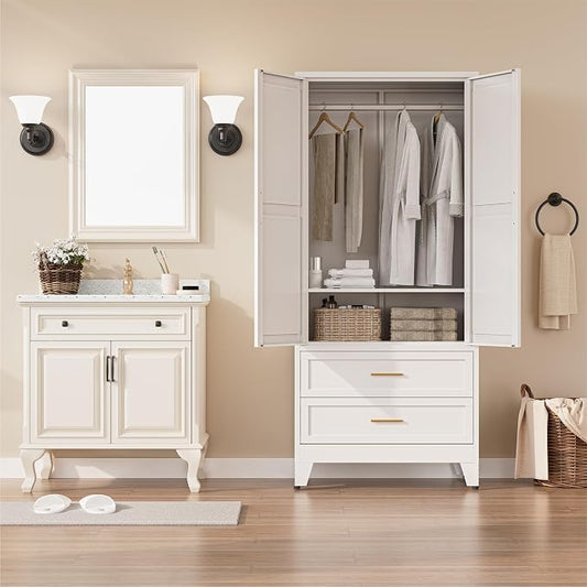 Metal Wardrobe Closet Cabinet with Drawers,71" H Large Bedroom Armoires with Shelves and Hanging Rod,Wardrobe Storage Cabinet with 2 Doors, 1 Adjustable Shelf and Drawers (2Drawer, White)