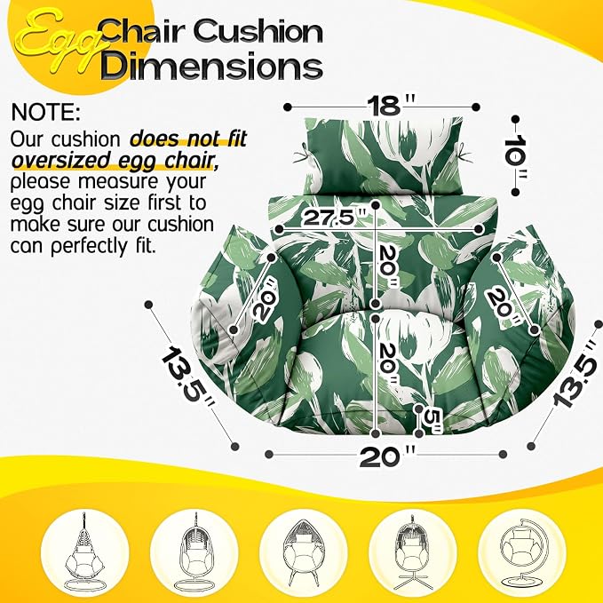 MAGIC ELEPHANT Egg Chair Cushion, Memory Foam Indoor Outdoor Hanging Egg Chair Cushion Replacement, Patio Basket Swing Cushion with Headrest (Forest Green Tulip)