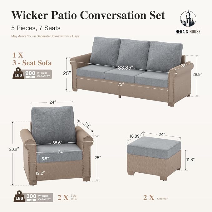 HERA'S HOUSE Patio Furniture Set, 4 x Cushioned Chairs, 3-Seat Sofa with Wood Grain Coffee Table, 5 Seats Luxury Windsor Style All Weahter Outdoor Sofa Conversation Set for Deck Lawn Backyard