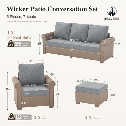 HERA'S HOUSE Patio Furniture Set, 4 x Cushioned Chairs, 3-Seat Sofa with Wood Grain Coffee Table, 5 Seats Luxury Windsor Style All Weahter Outdoor Sofa Conversation Set for Deck Lawn Backyard