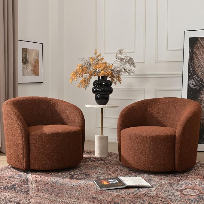 KINWELL 34" W Swivel Barrel Chair Set of 2, Mid Century Modern Round Upholstered Boucle Swivel Accent Chairs, No Assembly Sofa Chair for Living Room Bedroom Reading, Brown