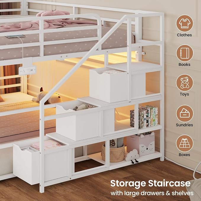 ADORNEVE Low Bunk Bed Full Over Full with Stairs, 3 Storage Drawers & Power Outlet, Full Size Metal Floor Bunk with RGB Lights & Shelves, Space-Saving Kids Bed, White