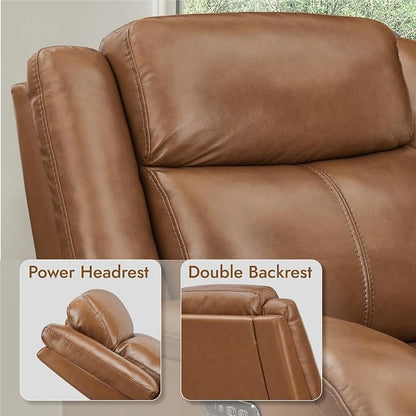 Watson & Whitely Oversized Genuine Leather Power Recliner Chairs for Big and Tall, Wall Hugger Recliner with Power Headrest & Charging Ports, Extra Large Reclining Chair for Living Room, Saddle Brown